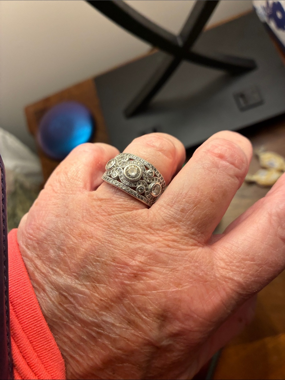 Nordstrom Silver Filigree Wide Band Ring with Cubic zirconia Stones